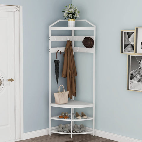 VEDECASA Metal Coat Rack - Corner - Hallway Tree - Freestanding Garment Rack with 12 Movable Hooks and Storage Shelf for Hallway, Living Room