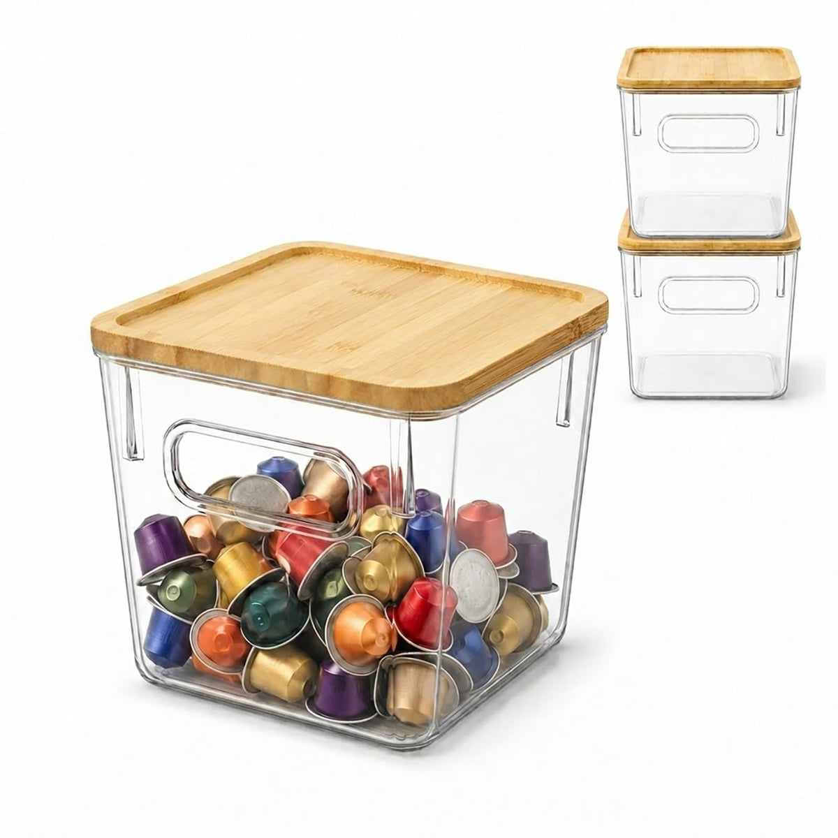 3-Pack Coffee Pod Storage Boxes, Clear & Stackable with Grooved Bamboo Lids