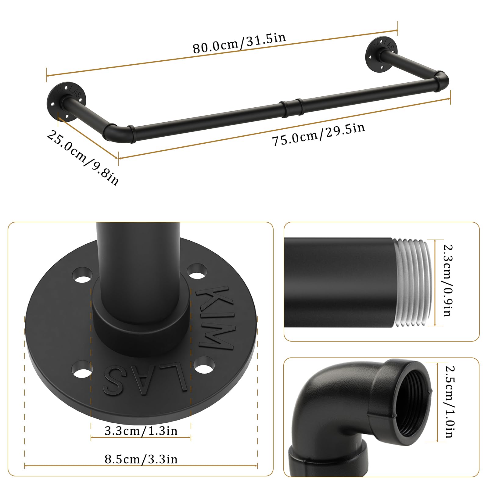 Yawinhe Wall Mounted Clothes Rail,80cm Pipe Clothes Rack,1 Pack,Black