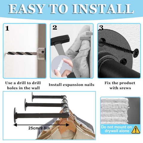 Exquilnova 90CM Wall Mounted Clothes Rail,Black Metal Clothing Rack,Multifunctional Heavy Duty Clothes Rail,Hanging Rails Suitable for