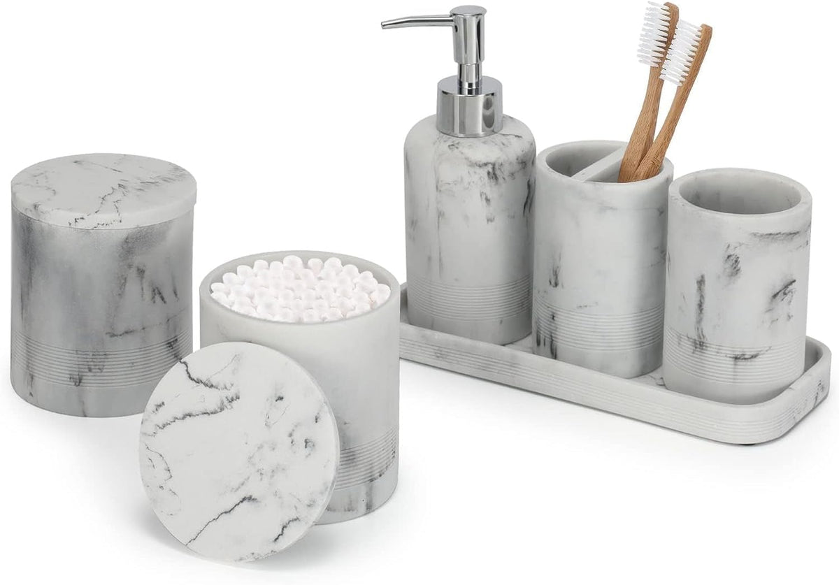 ZCCZ White Bathroom Accessory Set 6 Pieces - Organiser With Toothbrush Holder, Lotion Soap Dispenser, Vanity Tray and 2 Q-tip Holders