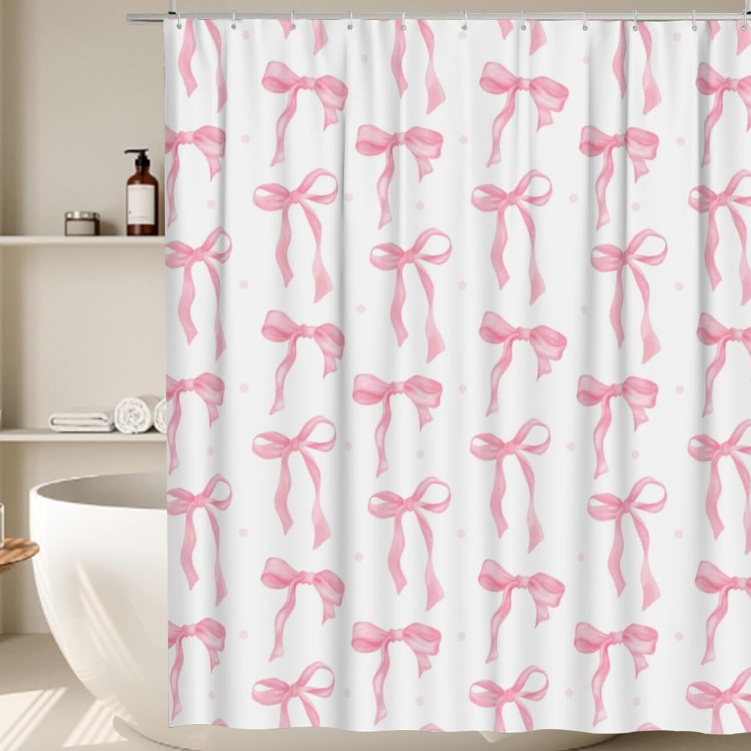 Onperpoe Cute Pink Bow Shower Curtain, 180 x 180cm, Waterproof & Mildew-Proof, 12 Hooks, Preppy Princess Style