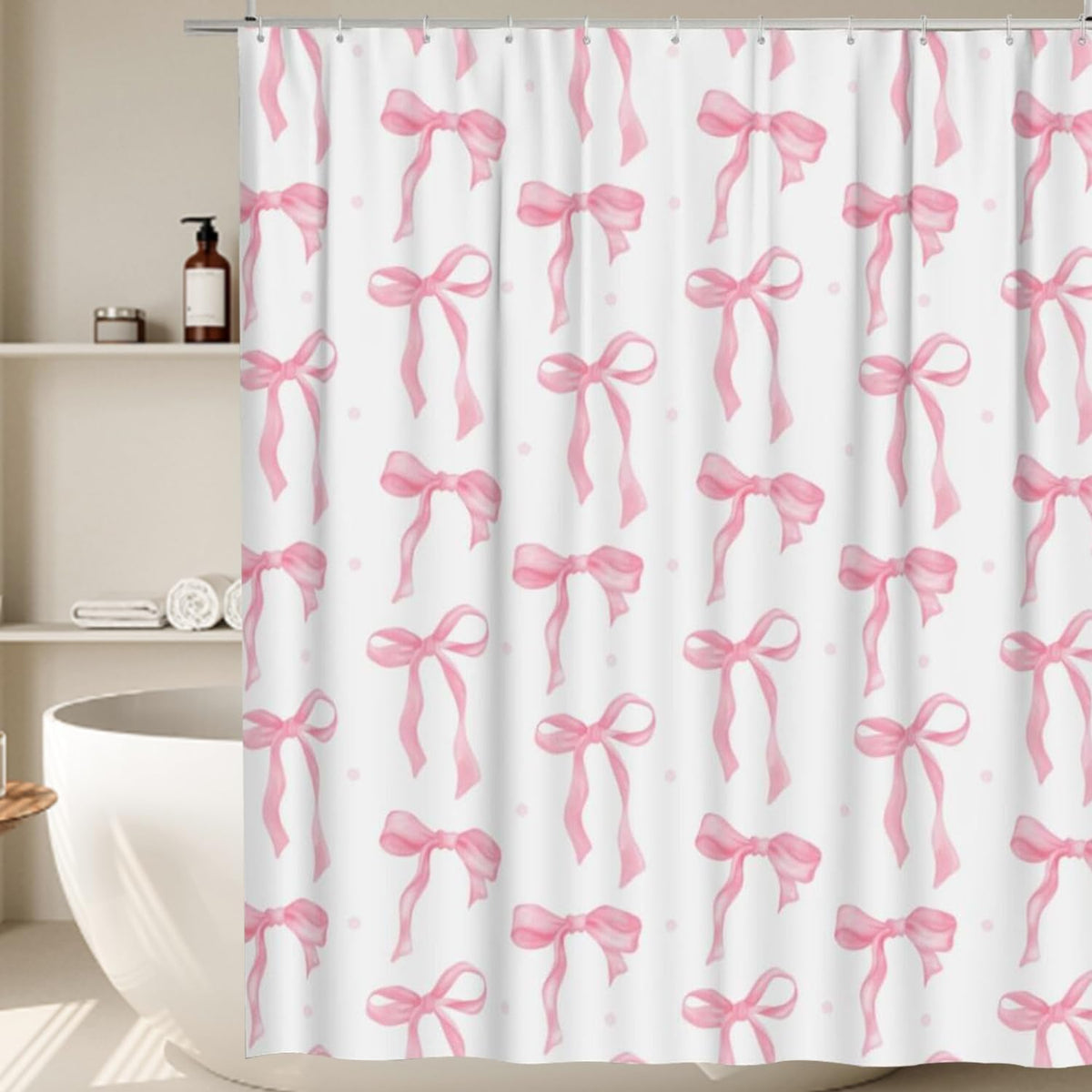 Onperpoe Cute Pink Bow Shower Curtain, 180 x 180cm, Waterproof & Mildew-Proof, 12 Hooks, Preppy Princess Style