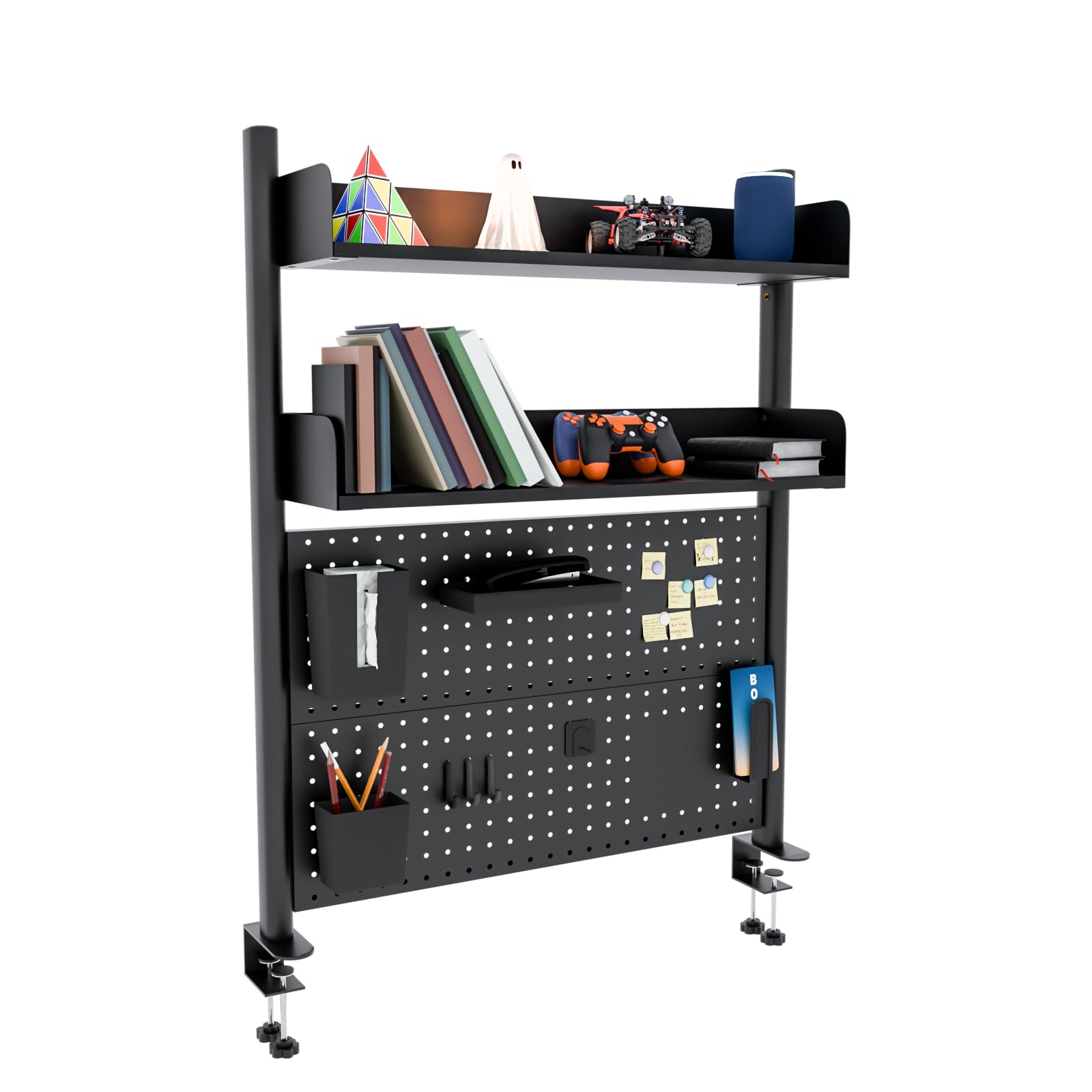 Boltmol Clamp on 2 Tier Desk Shelf,Black 80CM, Desktop Organizer With Pegboard, Countertop Storage Bookcase For Home, Office Or Dorm