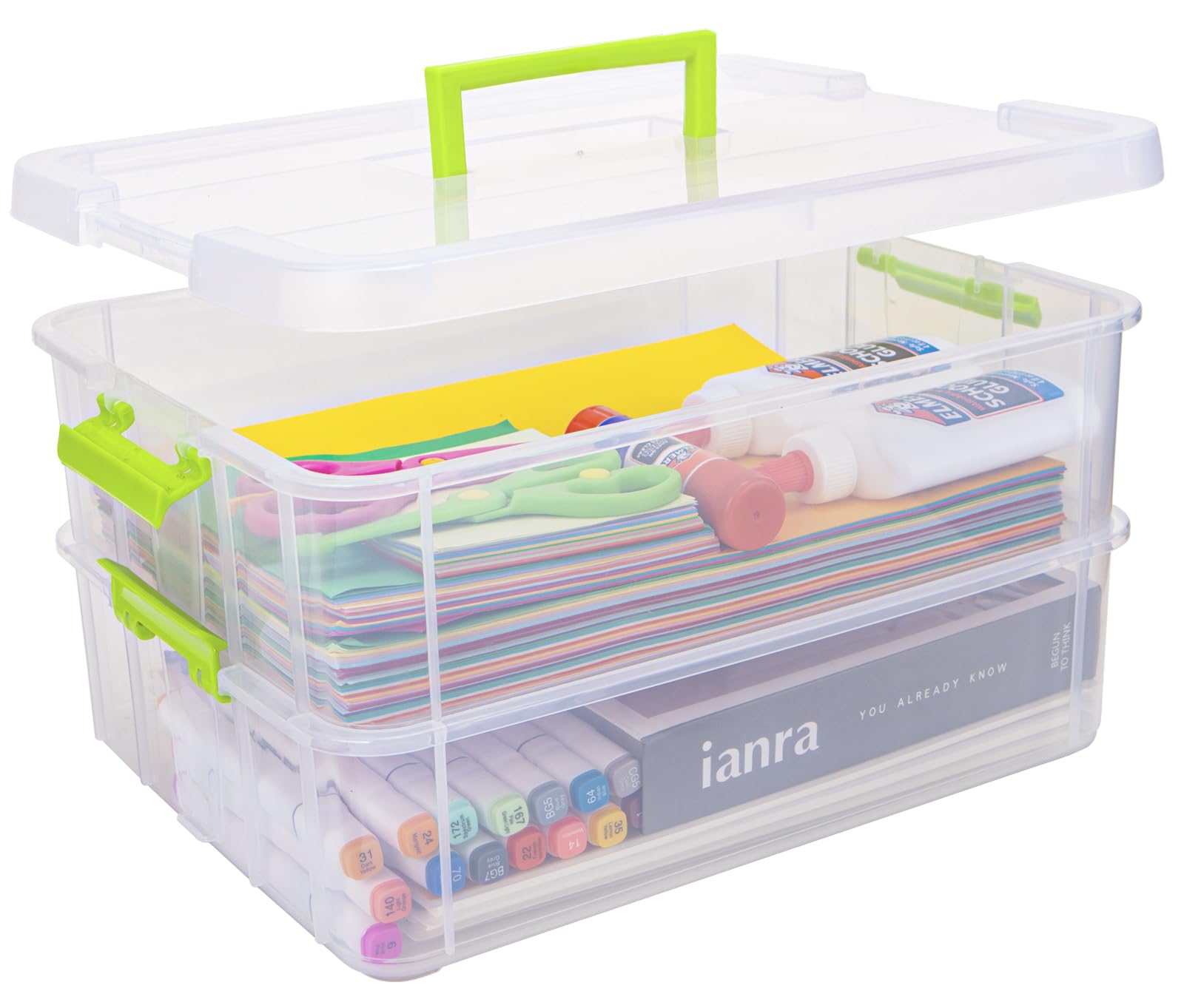 Creahaus 2 Layer Plastic Storage Containers with Lids, Multipurpose Clear Stack & Carry Box