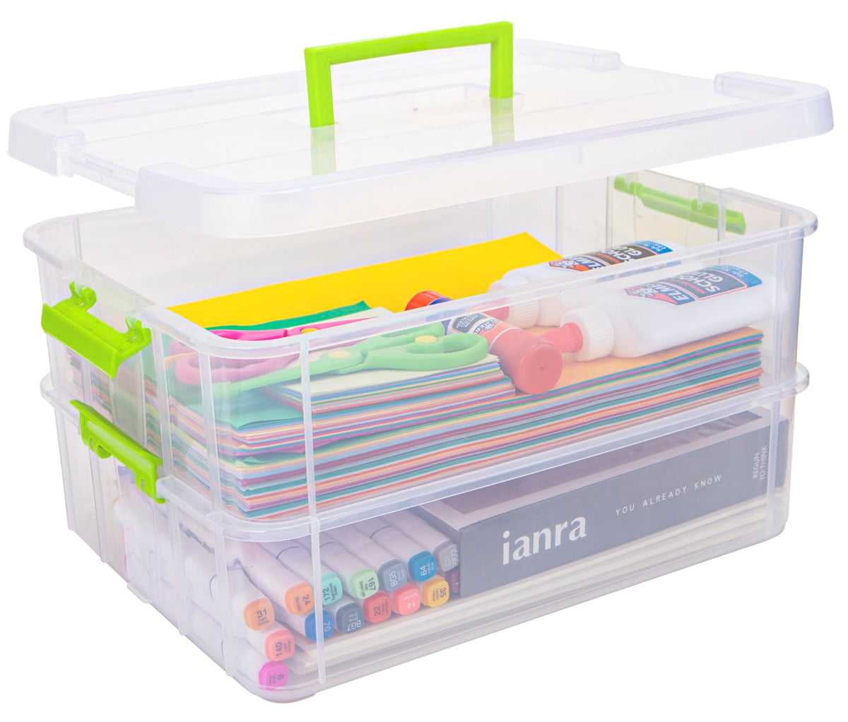 Creahaus 2 Layer Plastic Storage Containers with Lids, Multipurpose Clear Stack & Carry Box