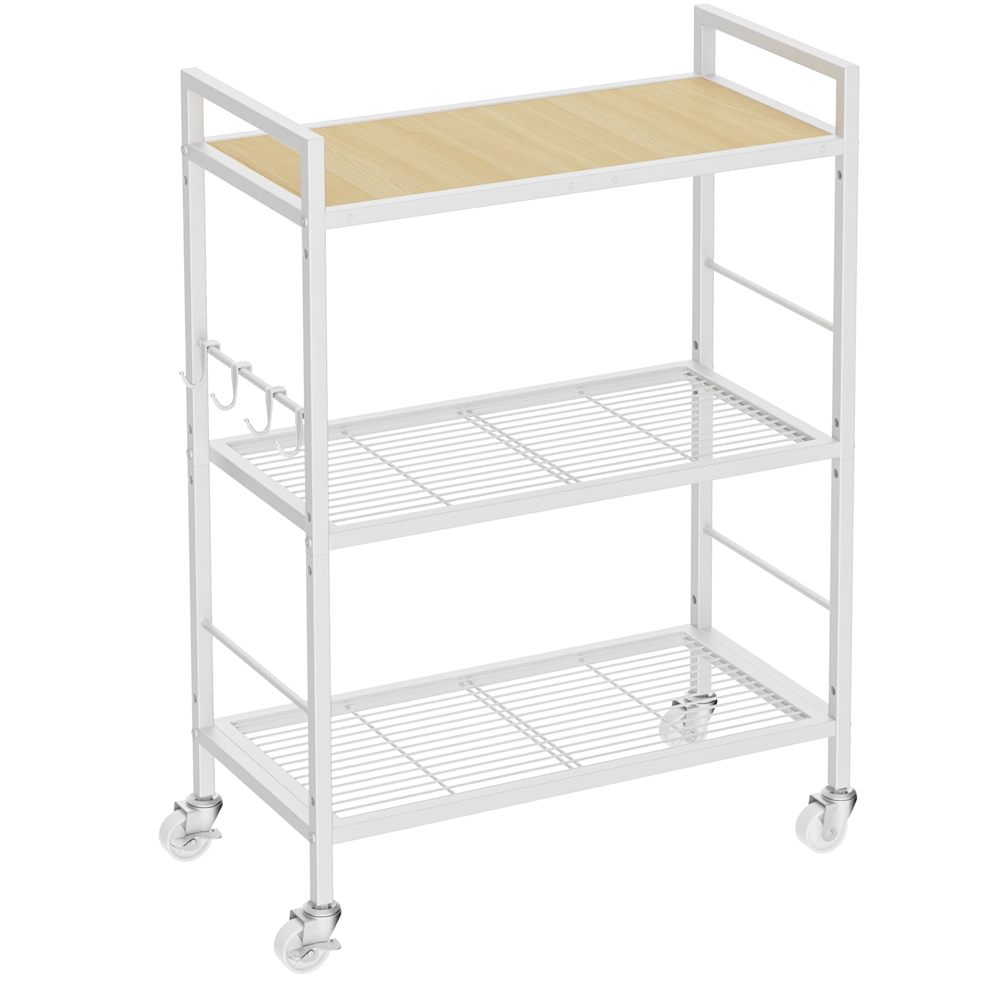 3-Tier kitchen trolley,Oak Wood Top,60W×30Dcm,4 Hooks, Adjustable Shelves