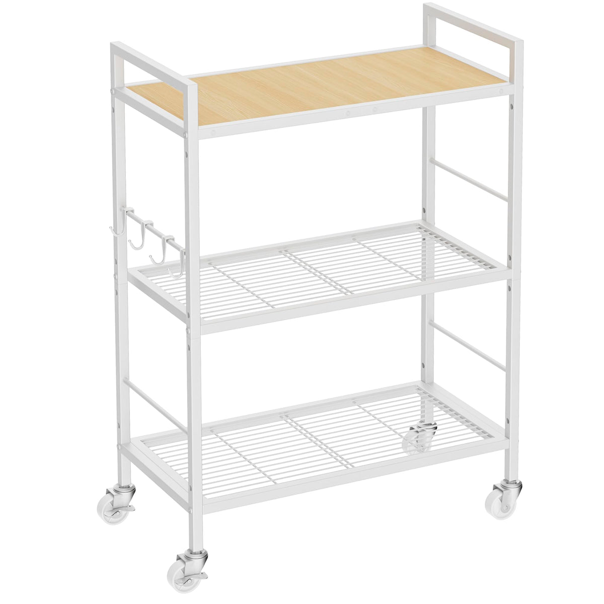 3-Tier kitchen trolley,Oak Wood Top,60W×30Dcm,4 Hooks, Adjustable Shelves