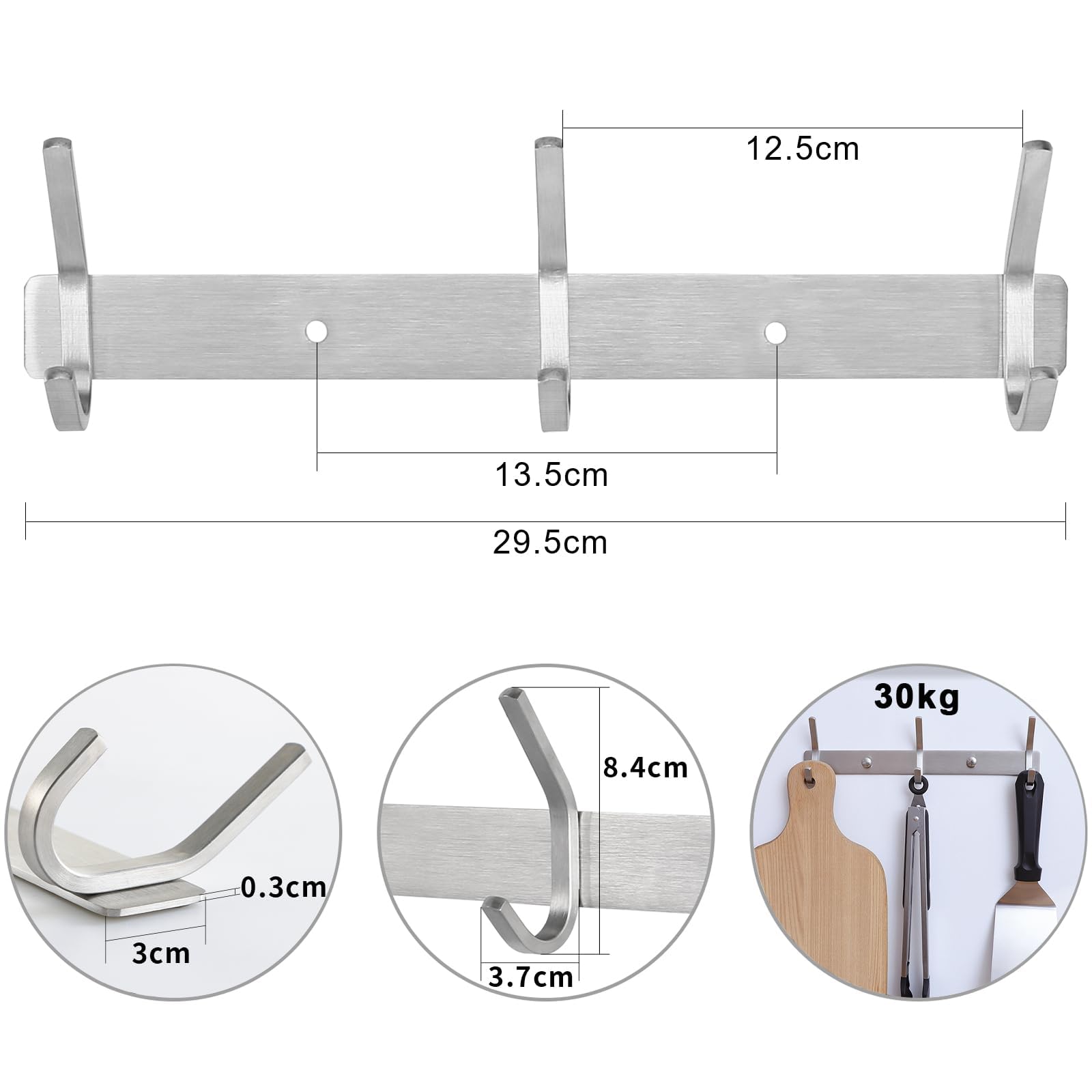 Qiannhee 2 Pack Coat Hooks Wall Mounted 3 Hooks Rustproof Wall Coat Rack 30CM up to 30KG Heavy Duty Coat Rack for Door SUS304 Stainless Steel Clothes