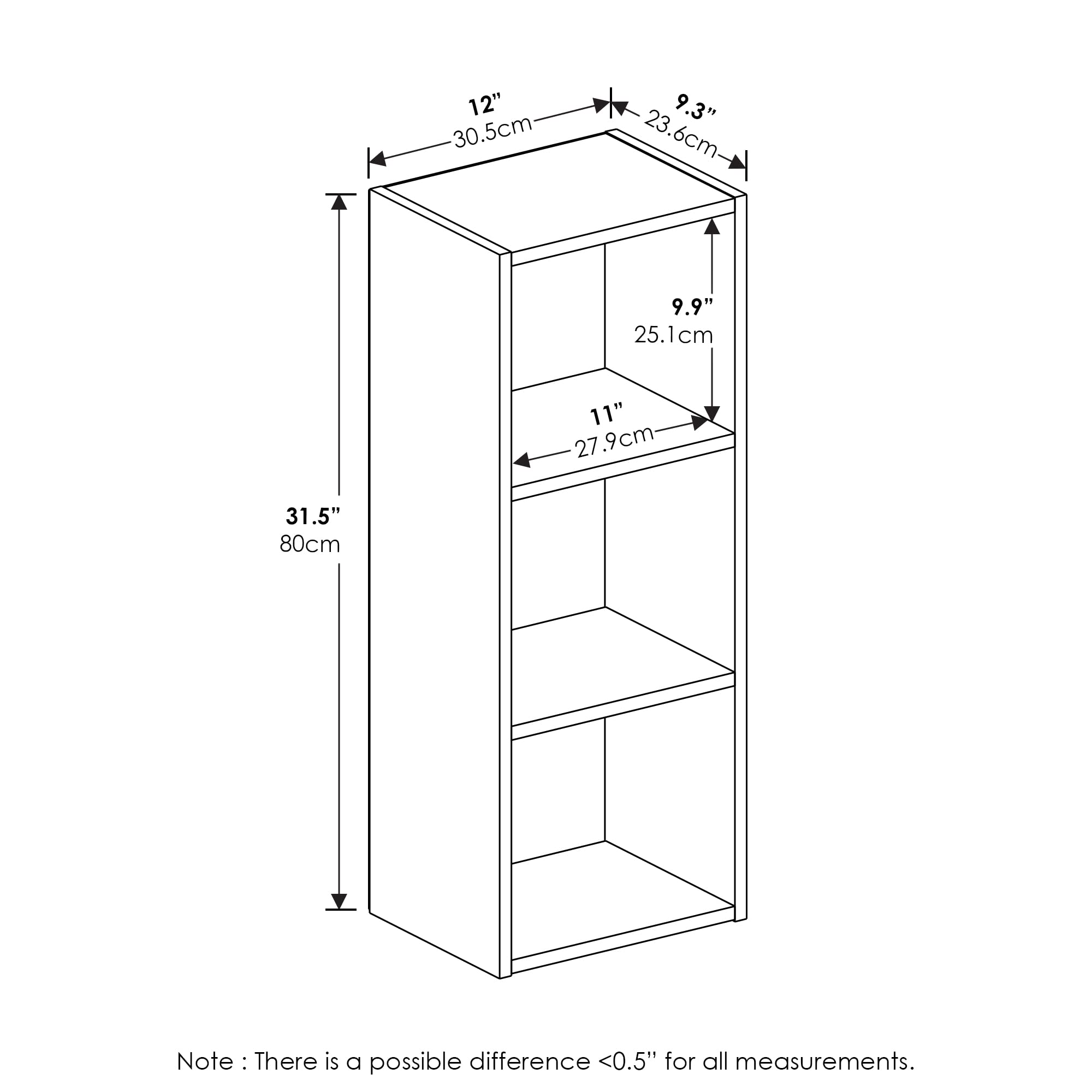 Furinno PASIR Book Shelf, 3-Tier Bookshelf, Bookcase with Open Shelves, 9 x 12 x 32, for Living Room, Bedroom, Home Office, Blackwood