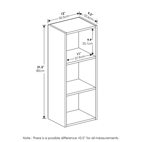 Furinno PASIR Book Shelf, 3-Tier Bookshelf, Bookcase with Open Shelves, 9 x 12 x 32, for Living Room, Bedroom, Home Office, Blackwood