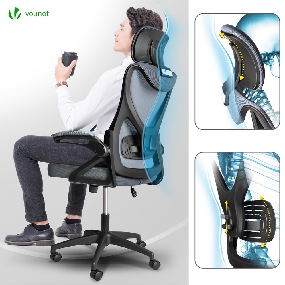 VOUNOT® Ergonomic Office Desk Chair, High Back Computer Chair, Executive Swivel with Adjustable Lumbar Support & Headrest for Home Office, Grey