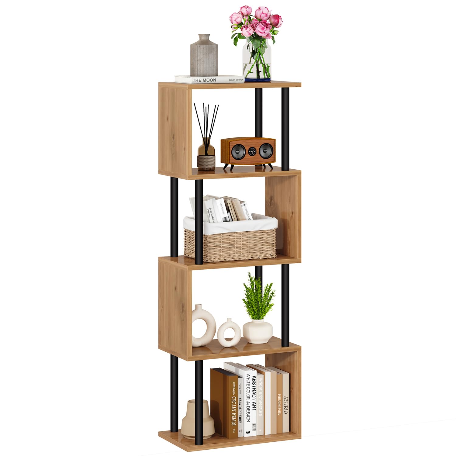 IBUYKE 5-Tier Tall Bookshelf,S-Shaped Geometric Bookcase,Oak WBC015K