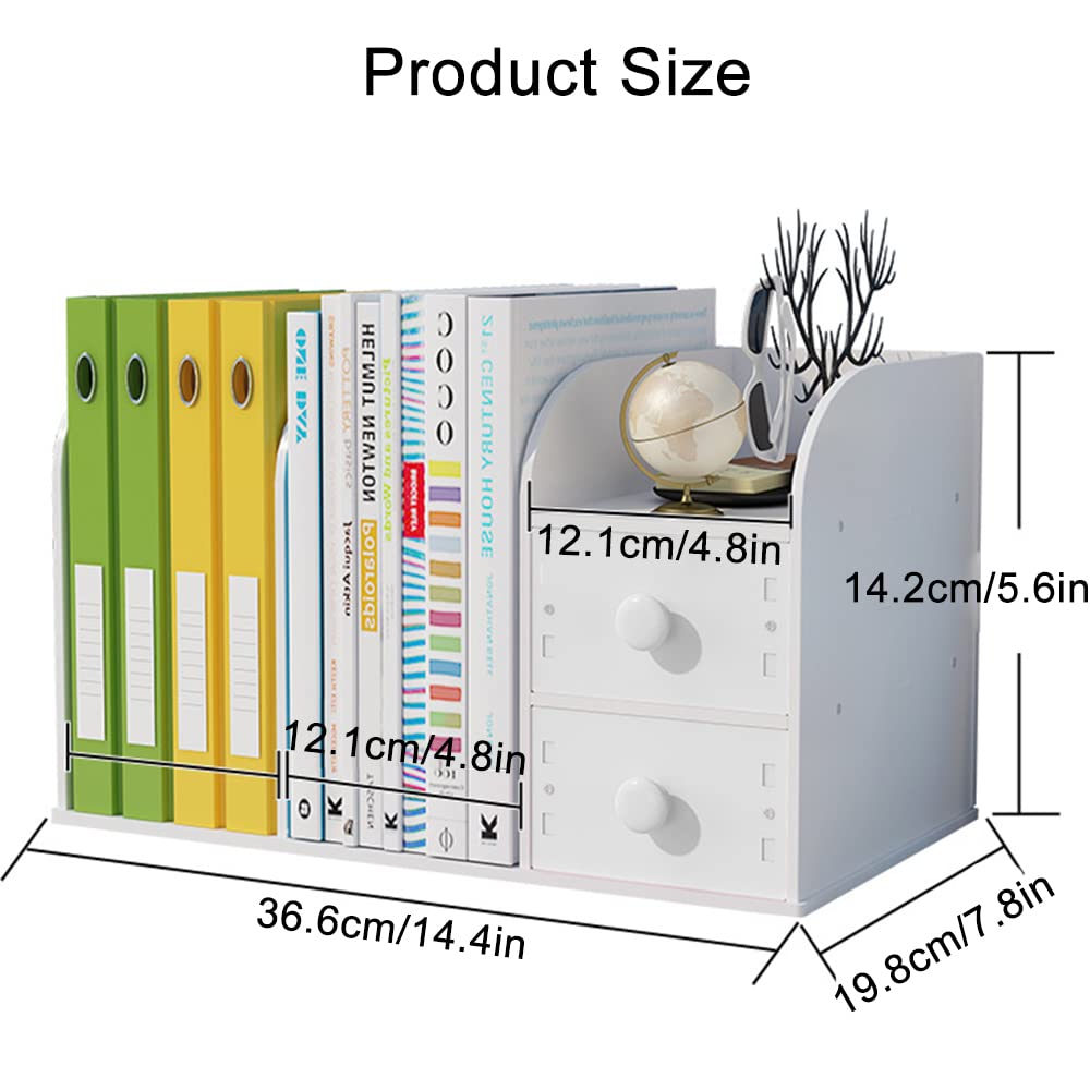 Hggzeg Desktop Bookshelf with Drawer, Small Countertop Bookcase Desk Organiser Office Supplies Storage Rack(White)