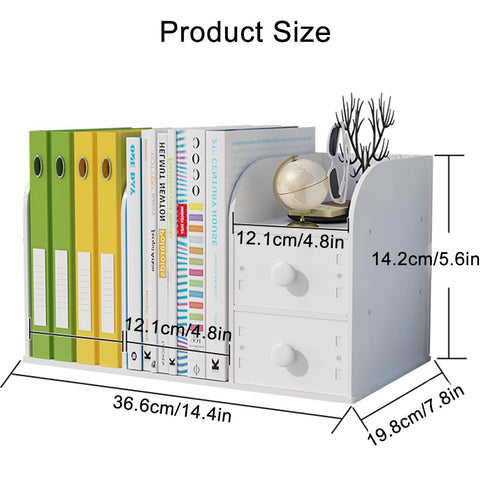 Hggzeg Desktop Bookshelf with Drawer, Small Countertop Bookcase Desk Organiser Office Supplies Storage Rack(White)