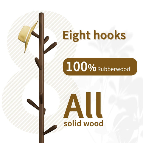 Solid Wood Square Base Coat Rack, Free Standing Hall Coat Tree with 8 Hooks（+2 spare) for Coats, Hats, Bags, Purses, for Entryway, Hallway