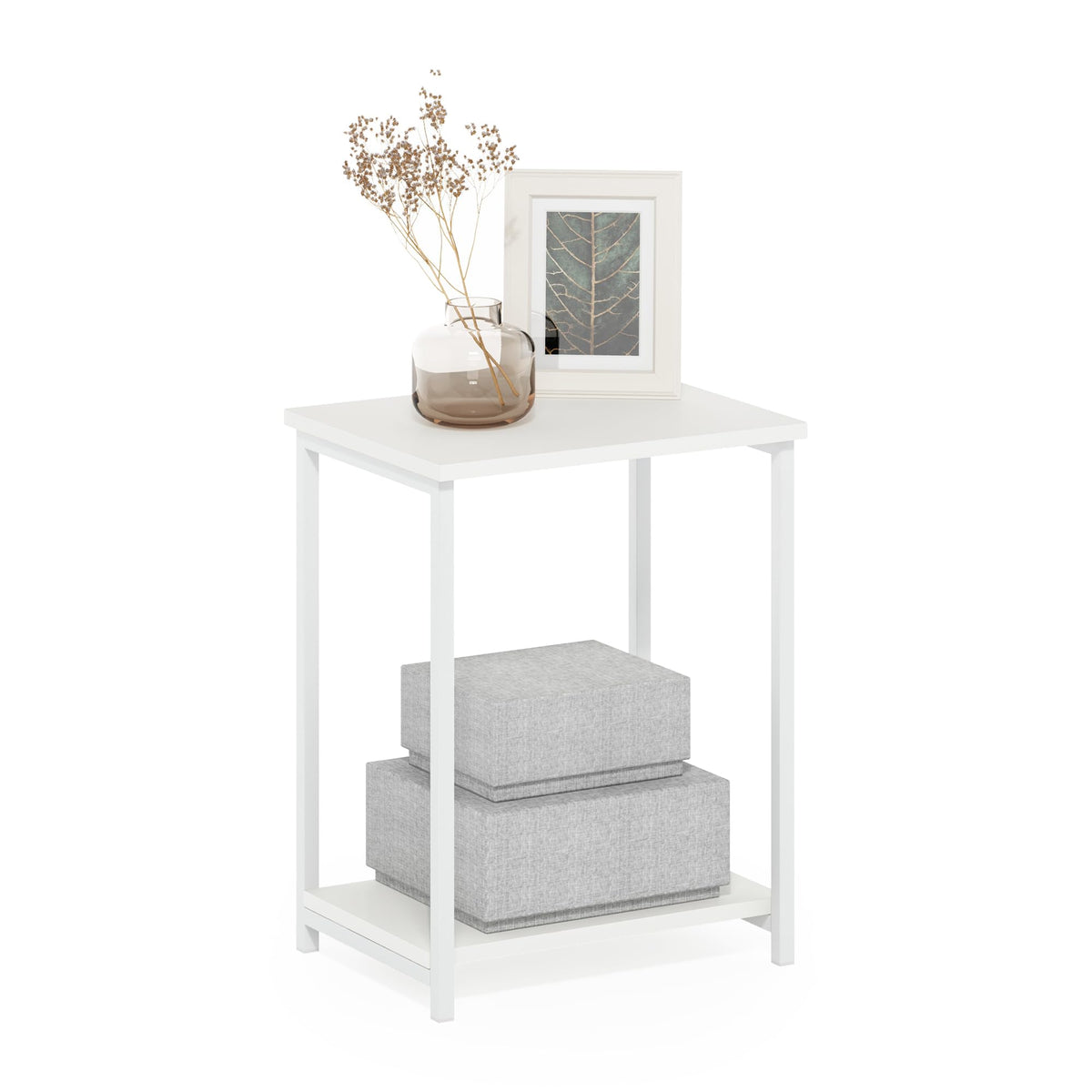Furinno SIMPLISTIC Side Table, 2-Tier Metal Frame End Table with Open Shelf, Night Stand, Bedside Table, for Living Room, Bedroom, White