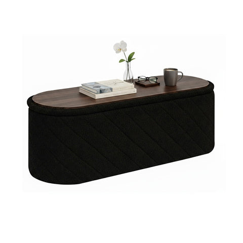 Bonlife Oval Ottoman with Storage Bench, Folding Foot Rest with Lid, Boucle End of Bed Bench,Foostool for Living