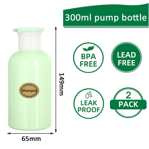 2Pcs, 300ML Empty Plastic Pump Bottles Dispenser - Apstaqeoo Portable BPA-Free Cylinder Shampoo Lotion Hand Pump Bottle Durable Body Wash Liquids