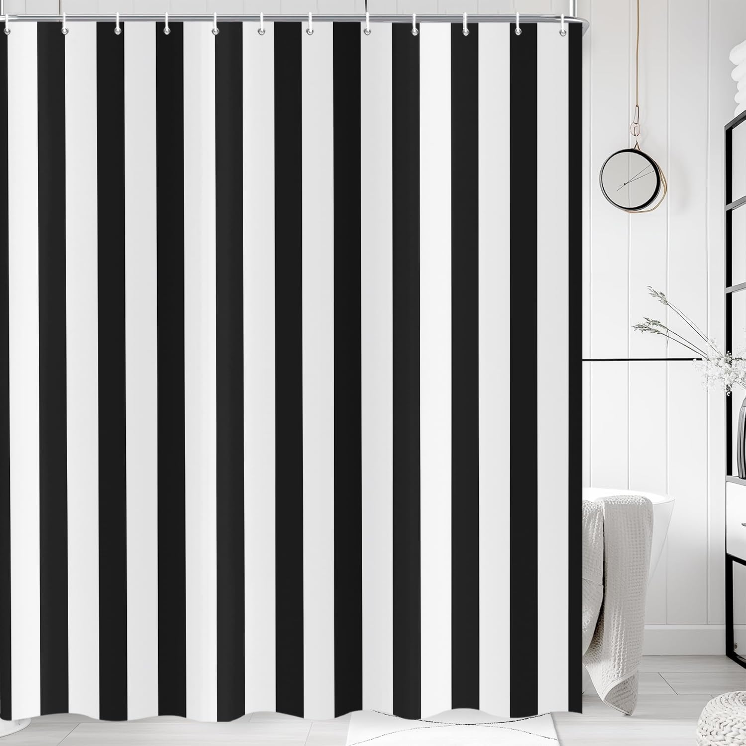 ASDCXZ Striped Shower Curtain 180x200 cm, Modern Minimalist Japanese Style Black White Vertical Stripes Waterproof Bath Curtain Polyester Textile