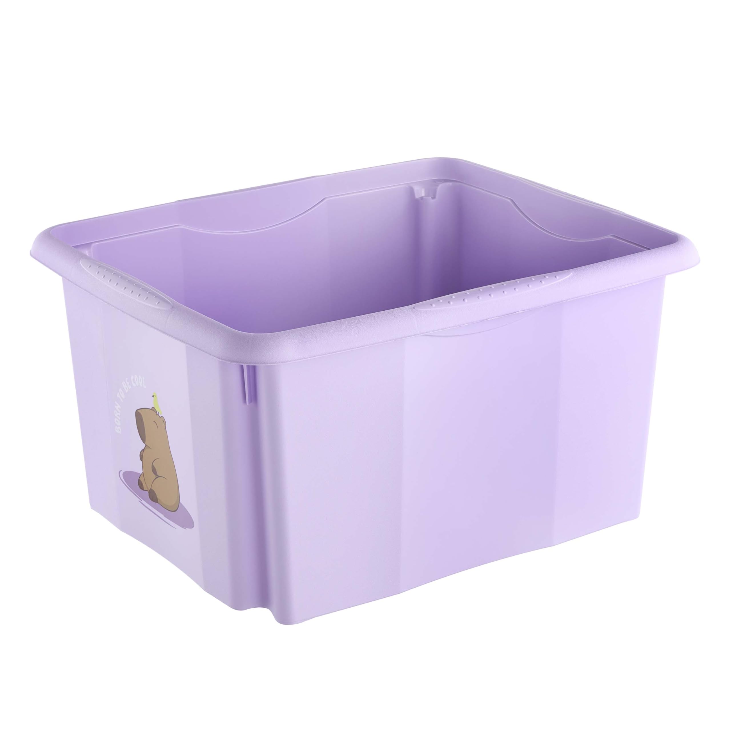 keeeper karolina storage box with lid, 24 l, nestable and stackable, Design: Capybara, For children, Violet (Soft Purple)