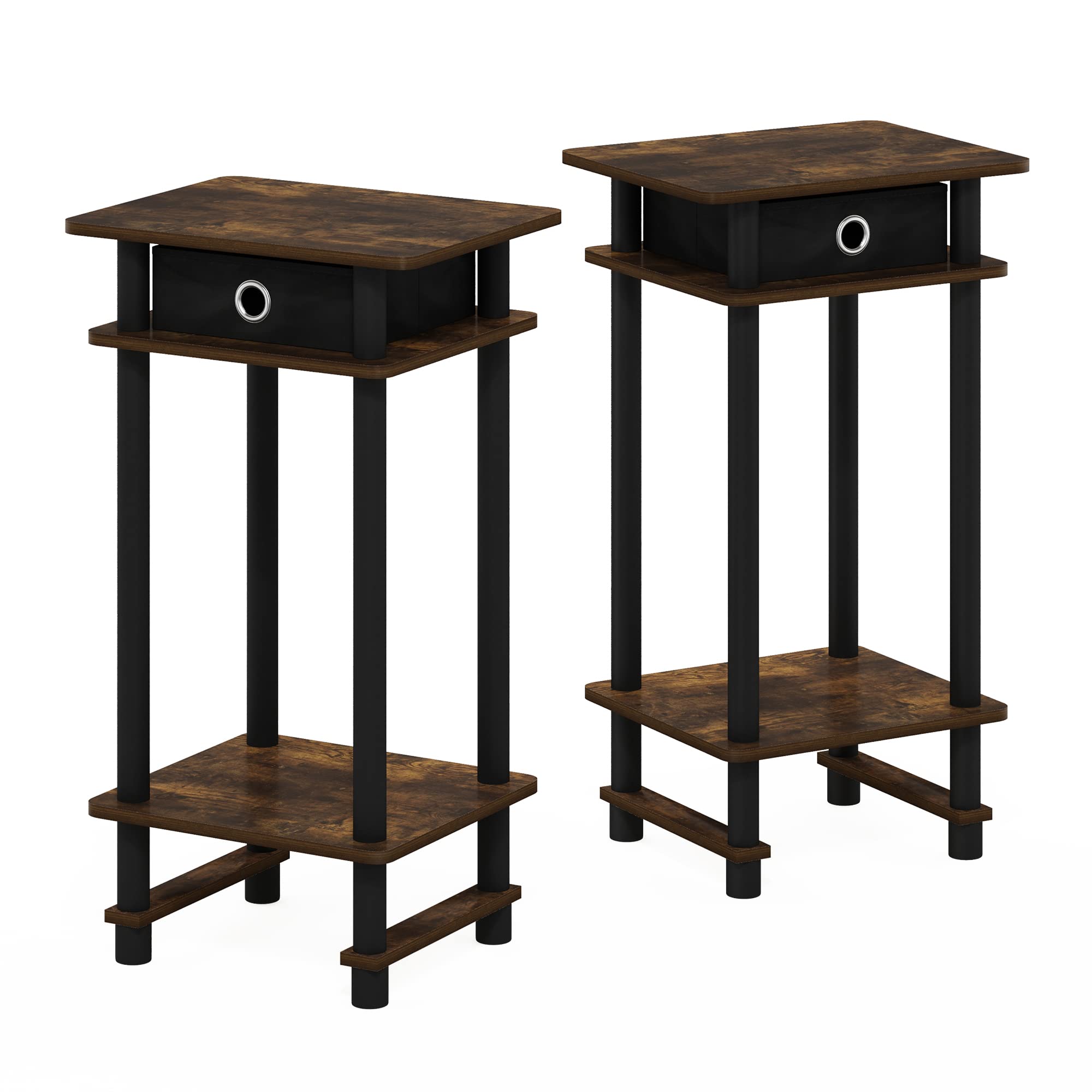 Furinno TURN-N-TUBE Side Table Set of 2, 3-Tier End Table with Storage Bin, Open Shelf Night Stand, Bedside Table, for Living Room, Bedroom
