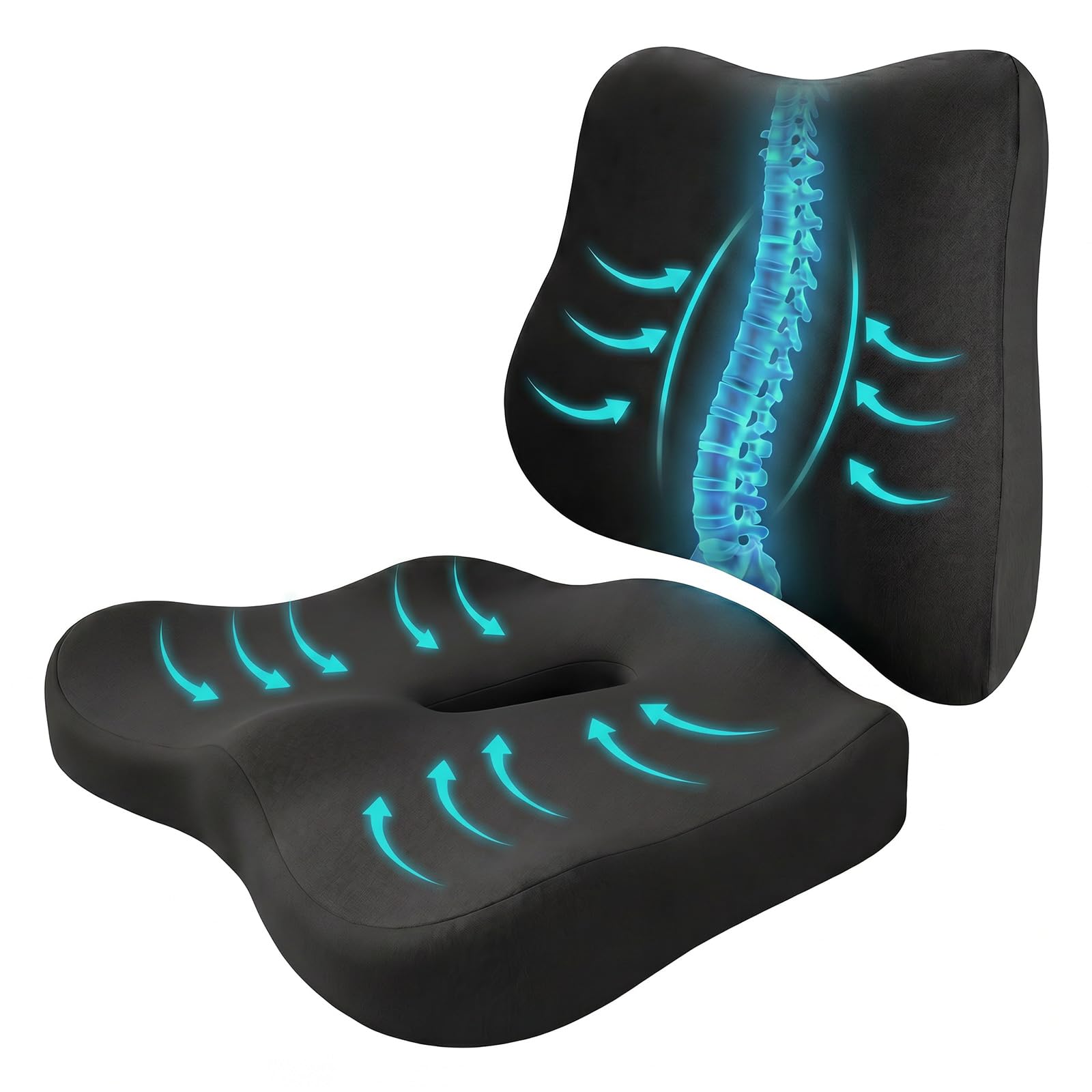 Seat Cushion and Lumbar Support - Memory Foam Chair Cushion & Back Support for Tailbone & Back Pain Relief Ergonomic Coccyx Cushion for Home Office