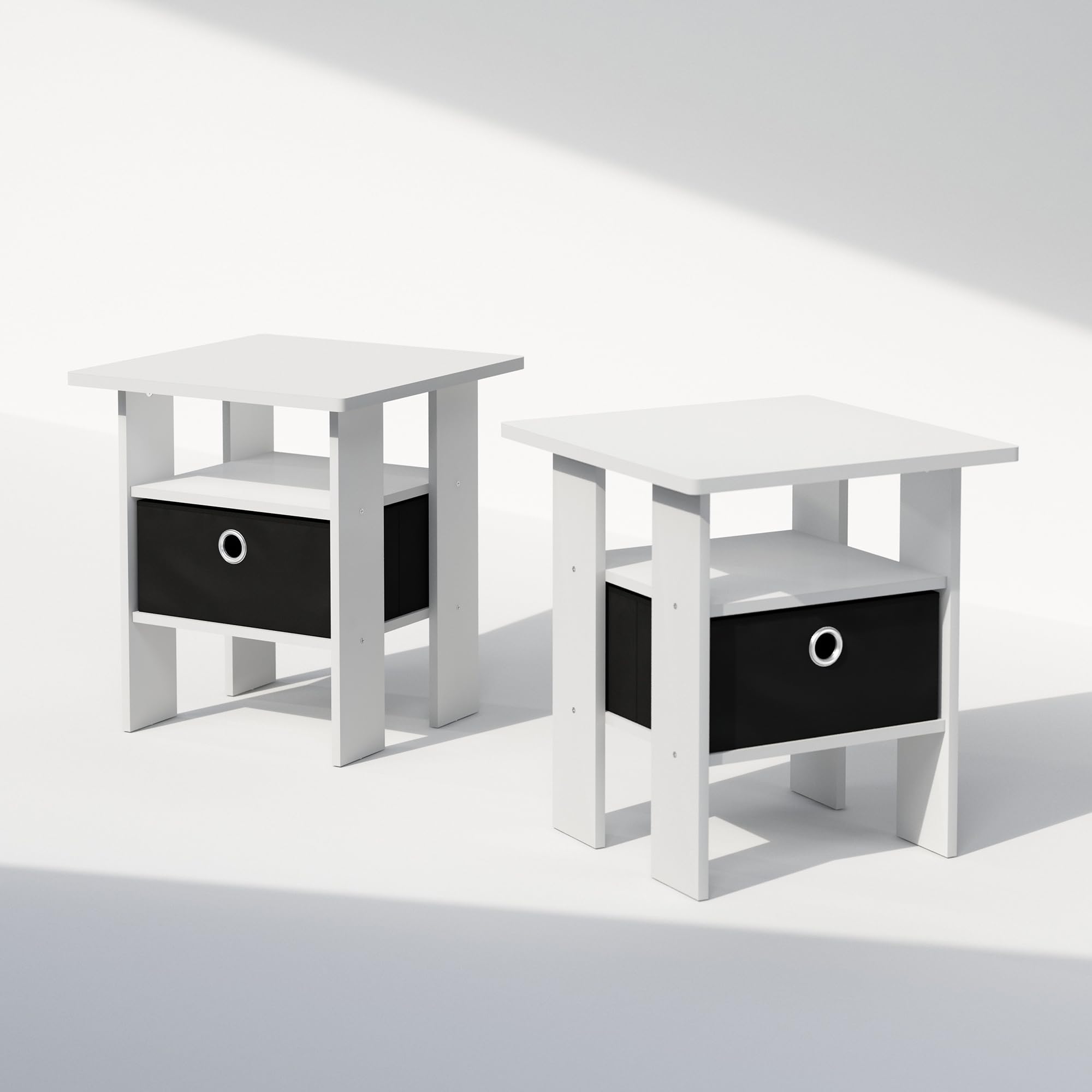 Furinno TIDUR Set of 2, Bedside Table with Storage Bin, White