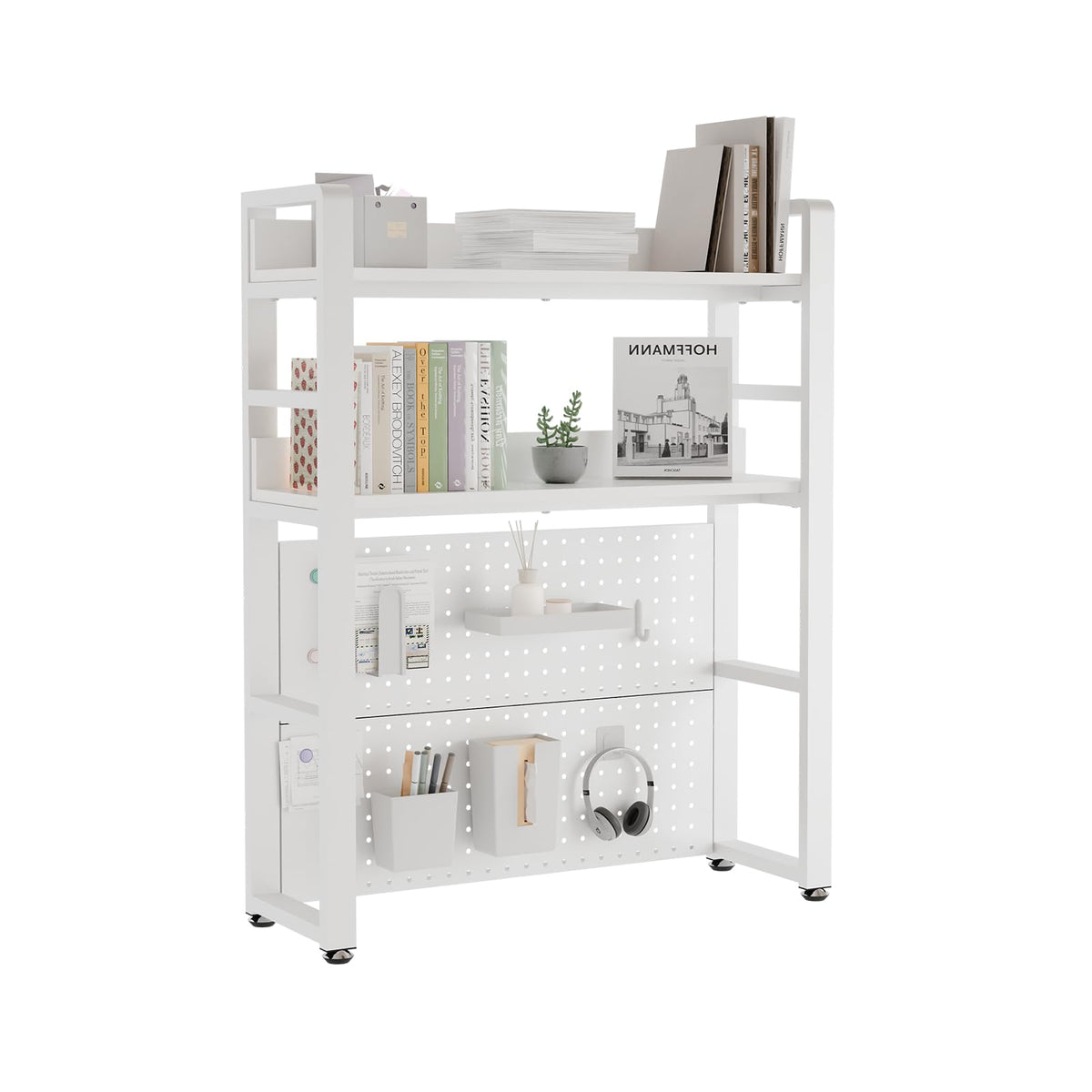 Boltmol 2-Tier Desk Shelf With Concealed Screws Design,White 75CM, Desktop Organizer With Pegboard, Countertop Storage Bookcase For Home