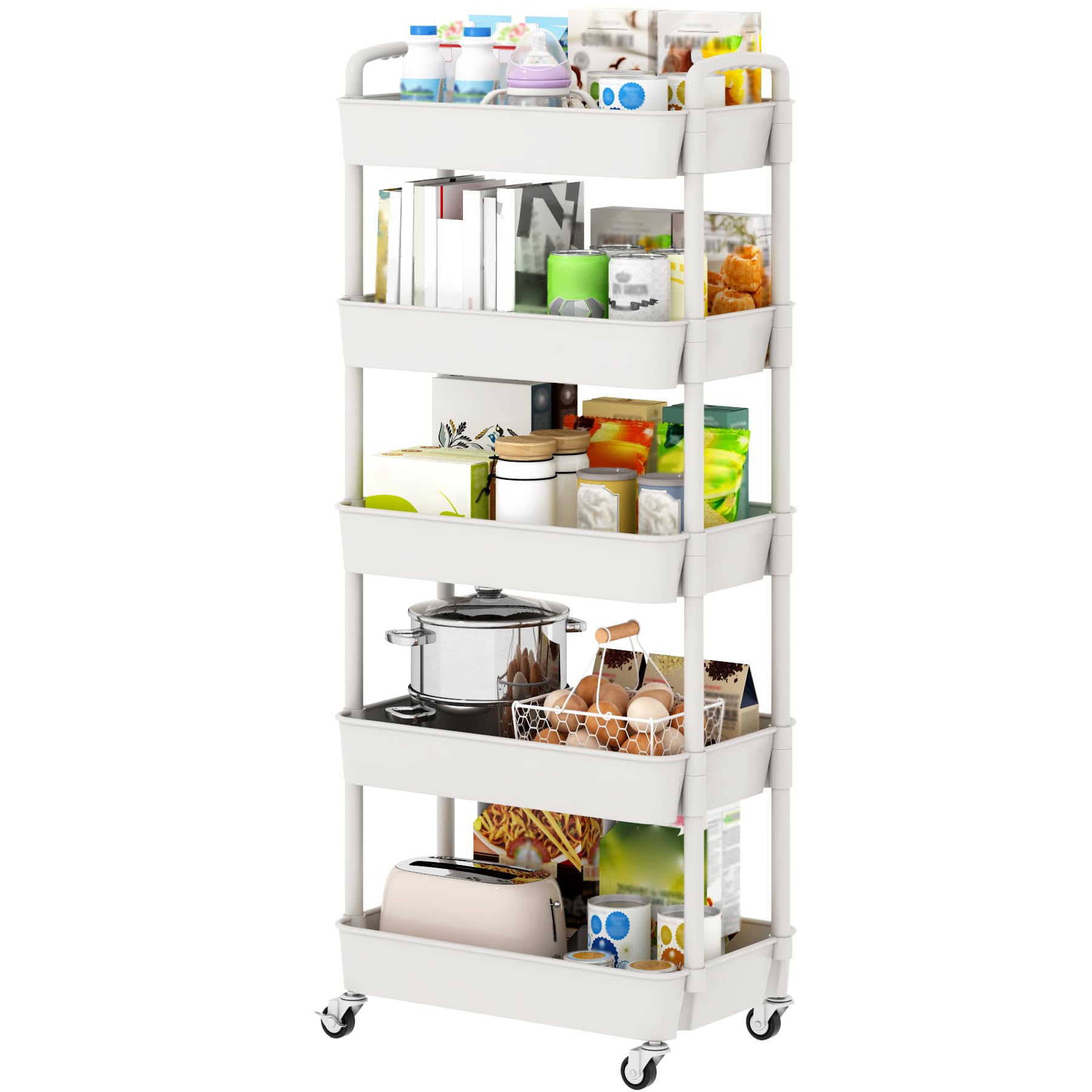 Sywhitta 5-Tier Plastic Rolling Utility Cart with Handle, Multi-Functional Storage Trolley for Office, Living Room, Kitchen