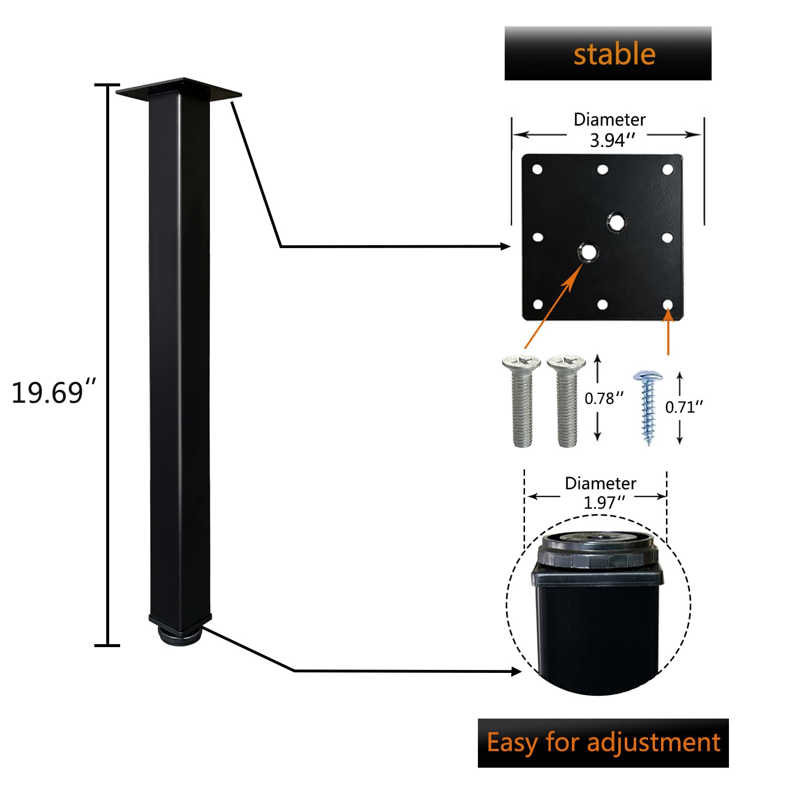 QLLY 50cm/19.7 inch Square Tall Metal Desk Legs, Office Table Furniture Leg Set, Set of 4 (50cm, Black)