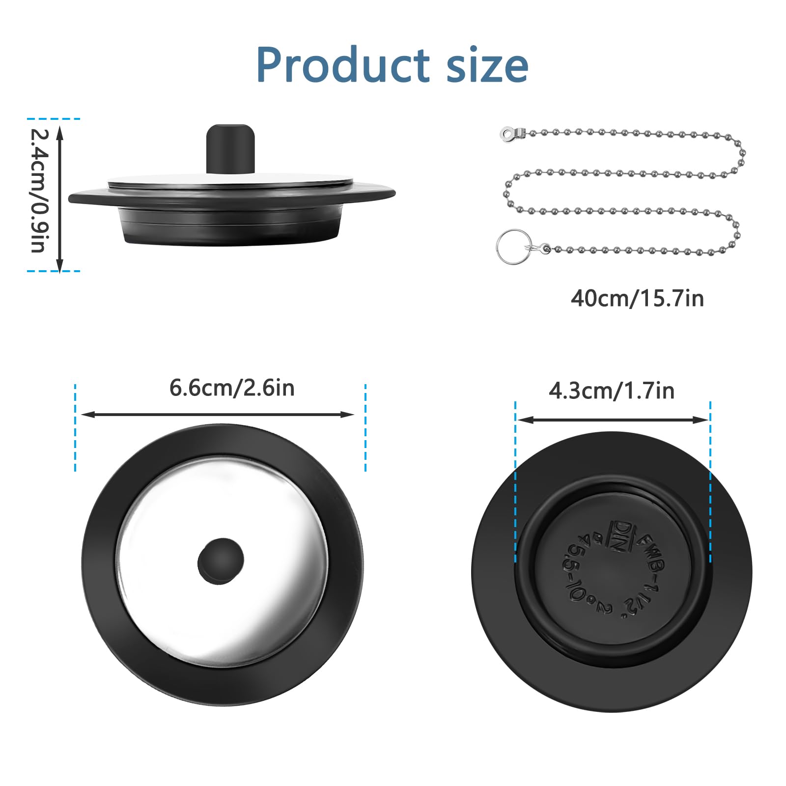 QINCINA 2 Pcs Universal Sink Plug, Black Rubber, 43mm, 23mm, Kitchen & Bathroom Sink Plug Replacement, 40cm Stainless Steel Chain (2 Pack)