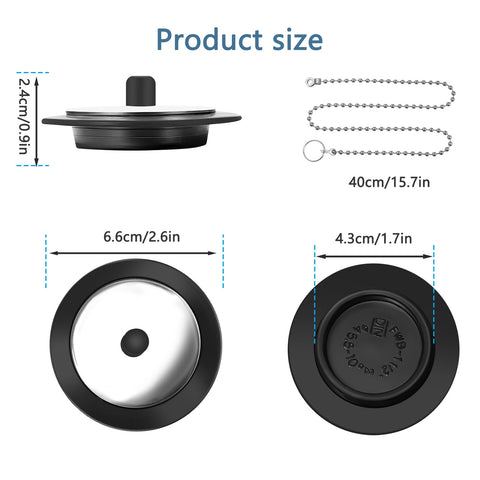 QINCINA 1 Pcs Universal Sink Plug, Black Rubber, 43mm, 23mm, Kitchen & Bathroom Sink Plug Replacement, 40cm Stainless Steel Chain (1 Pack)
