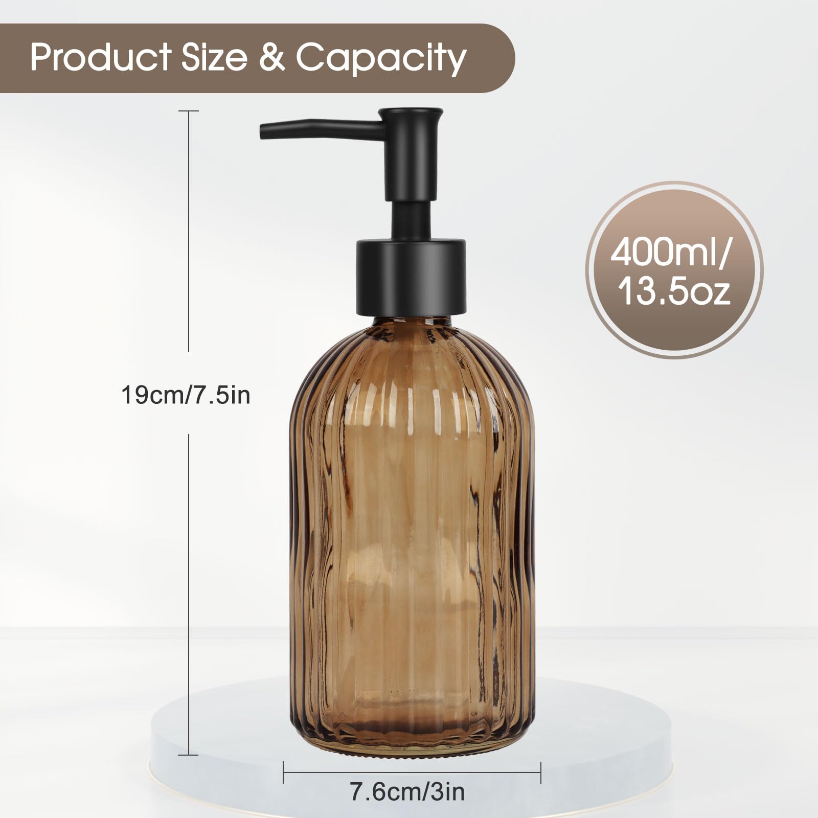 Topsky Glass Soap Dispenser with Black Rustproof Plastic Pump, 400ml Amber
