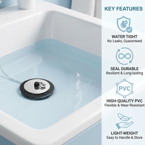 2 Pack Sink Plug, 43mm Universal Bath Plug with 40cm Stainless Steel Chain, Rubber Drain Stopper for Bathroom Kitchen Laundry Sink