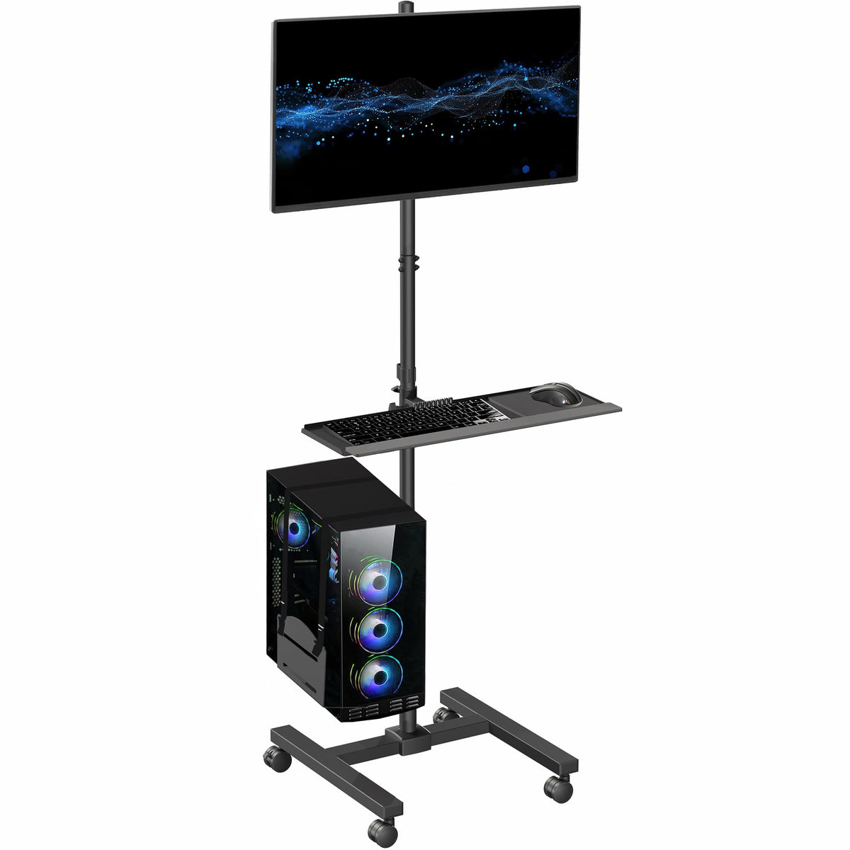 VIVO Black Computer Mobile Cart Rolling Stand | Adjustable Monitor Mount 32" Case Holder & Keyboard Tray Moving Workstation (CART-PC02T)