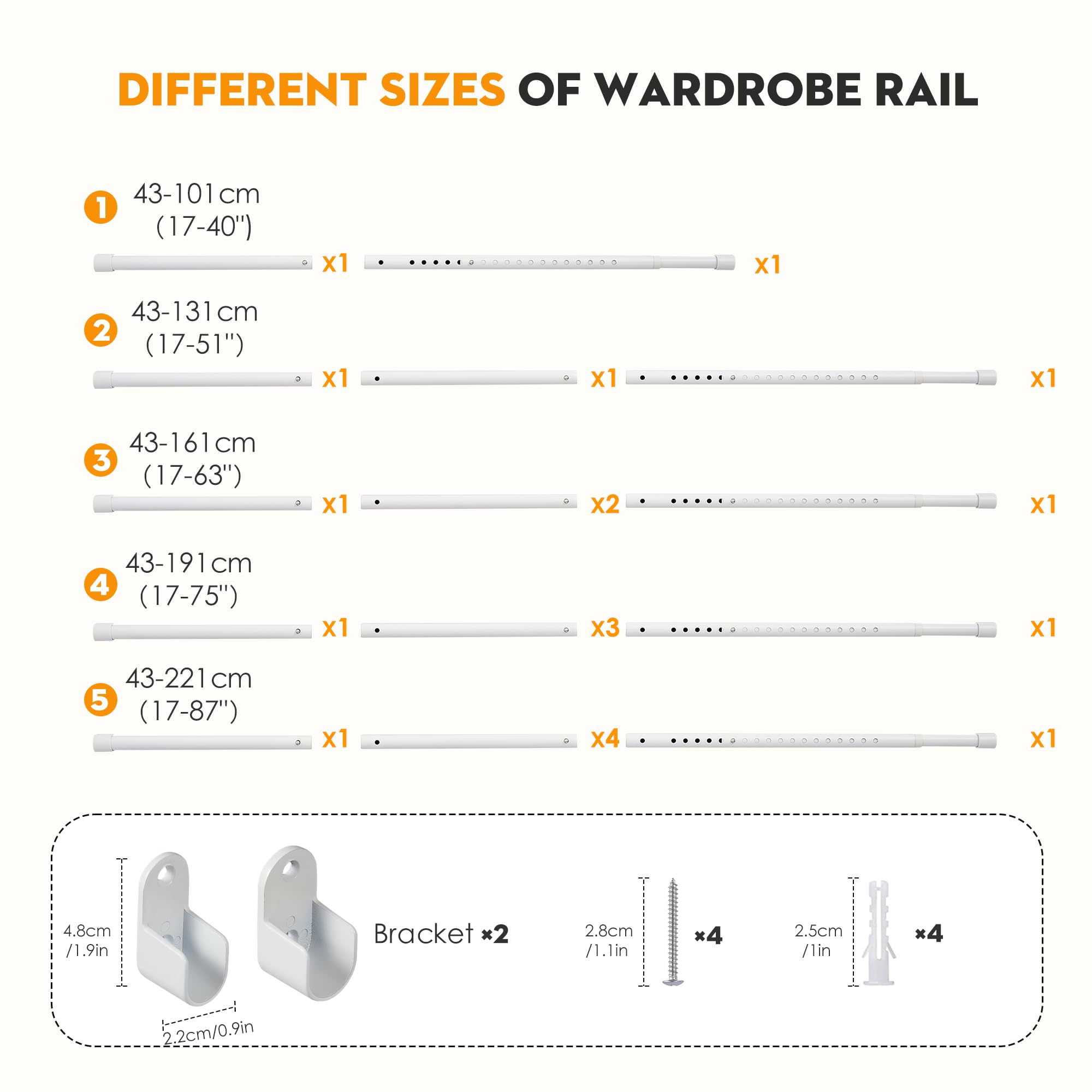 Poskena Clothes Rail Heavy Duty for Wardrobe White,25mm rail,43-101cm