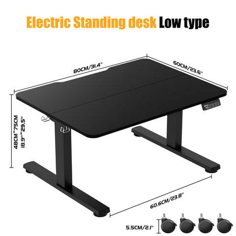 ERGOMAKER Low Height Electric Standing Desk, Lifts 48-75cm, 80x60cm, Black