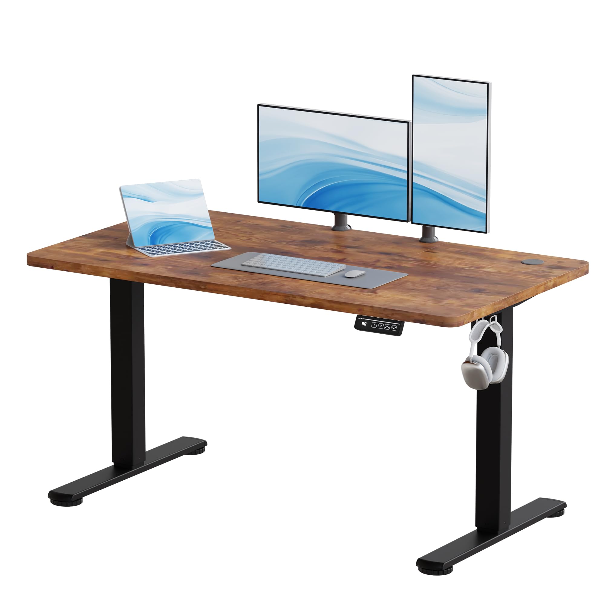 JUMMICO Electric Standing Desk Height Adjustable 120x60cm Sit Stand Table with Backpack Hook and Memory Smart Panel, Home Office,Rustic Brown