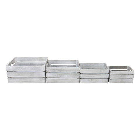 Hodge and Hodge Vintage Wooden Crate Set of 4 Slatted Fruit Boxes with Handles Natural Whitewash Finish