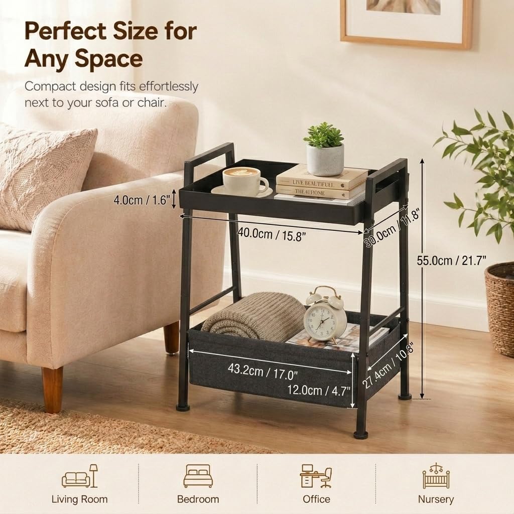 ZEXVIDA Small End Table with Fabric Storage Basket, 2-Tier Metal Side Table with Tray Top, Compact Nightstand Bedside Table for Living Room