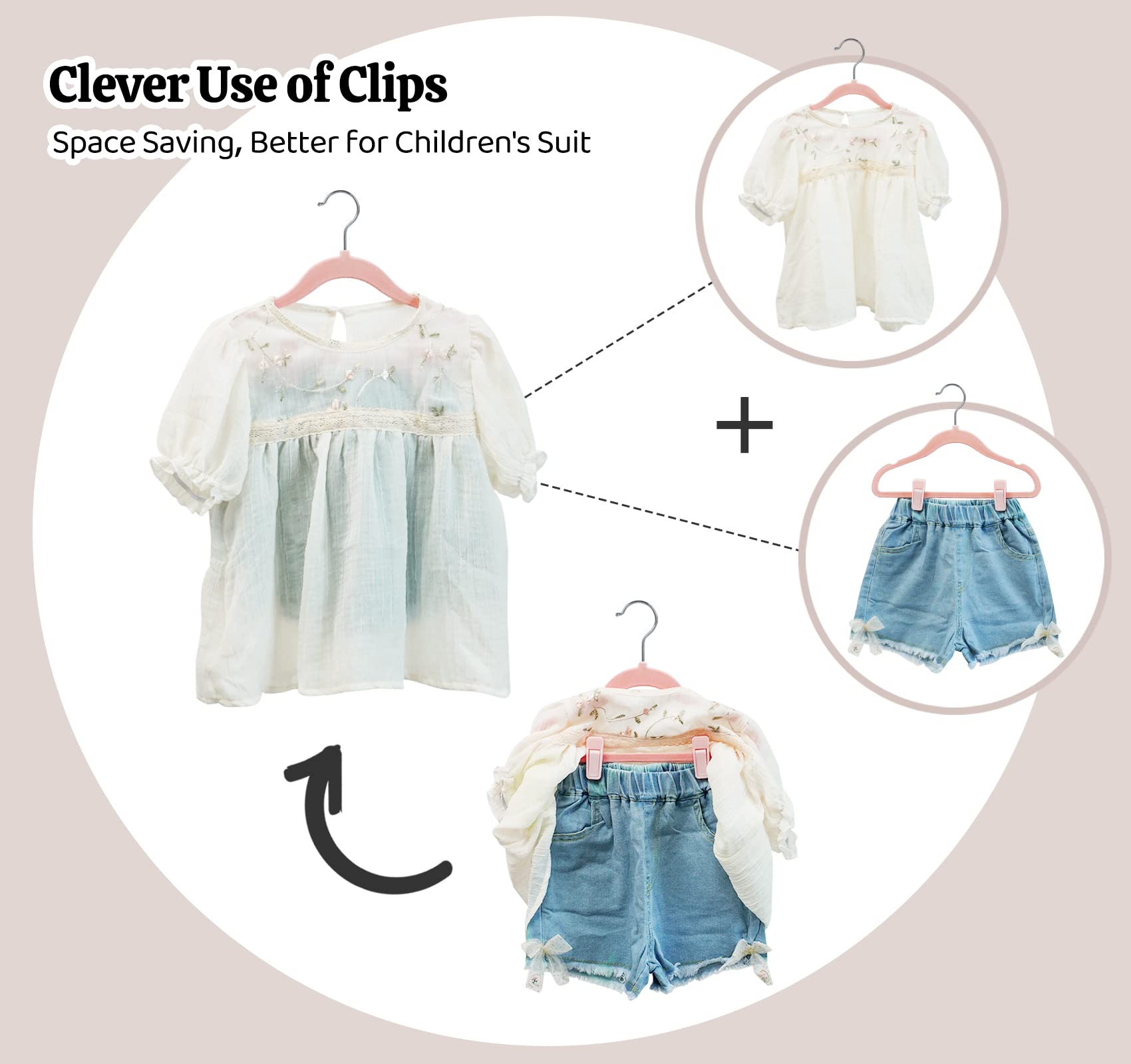HOUISM Baby Hangers Velvet Pink with 30 Finger Clips, Non-Slip & Ultra Slim Kids Clothes Hangers for Full Outfits