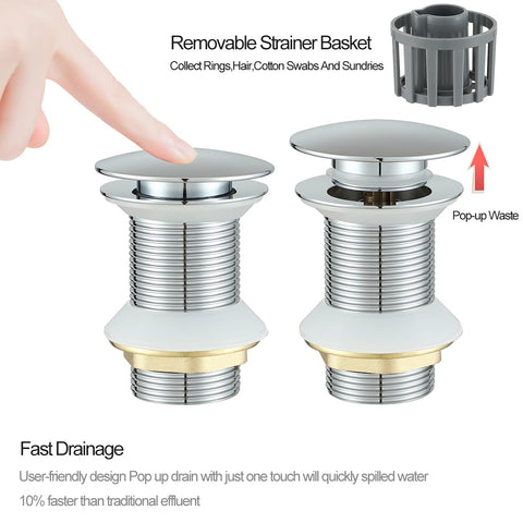 Brass Pop Up Sink Plug Basin Sink Drain Stopper Non-Overflow Chrome Finish