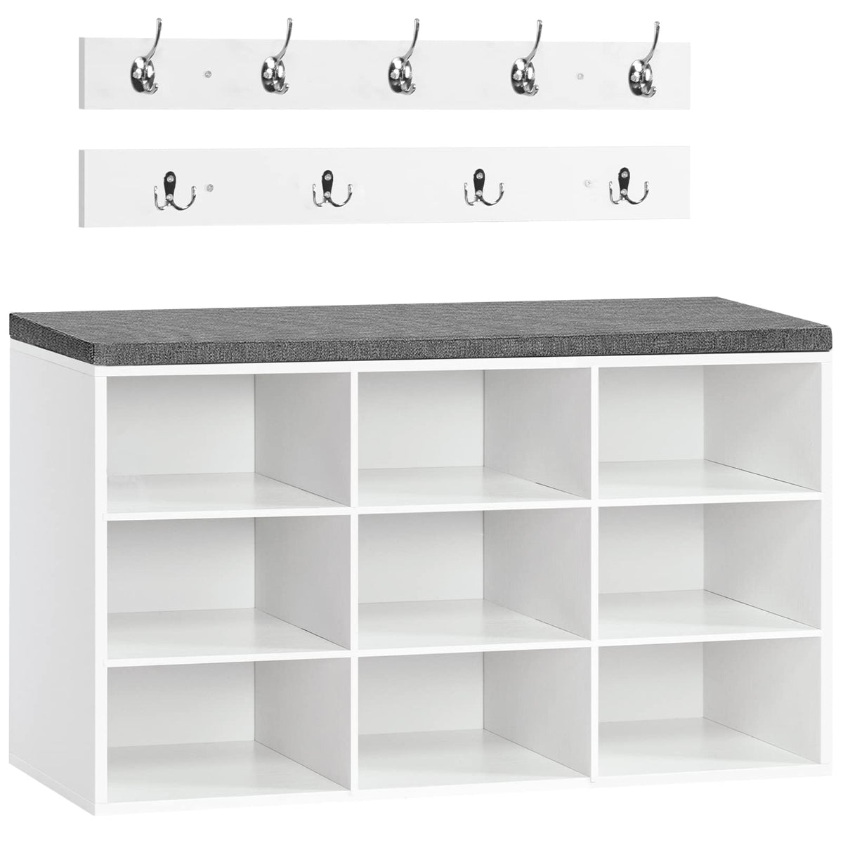 HOOBRO Shoe Storage Bench with Cushion and Coat Hooks, Shoe Rack Bench with Padded Seat, 80 cm Coat Rack for Hallway, 9 Compartments