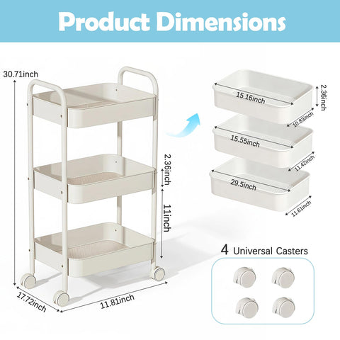 CHUNGG Bathroom Storage 3 Tier Beauty Trolley on Wheels, Kitchen Cart Drawers on Wheels