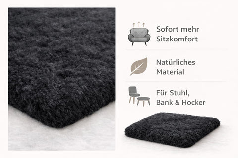 Naturasan Merino Lambskin Seat Cushion 40 x 40 cm (Black) - Soft Seat Cover Made of Real Lambskin, Decorative & Temperature Regulating, for Chair