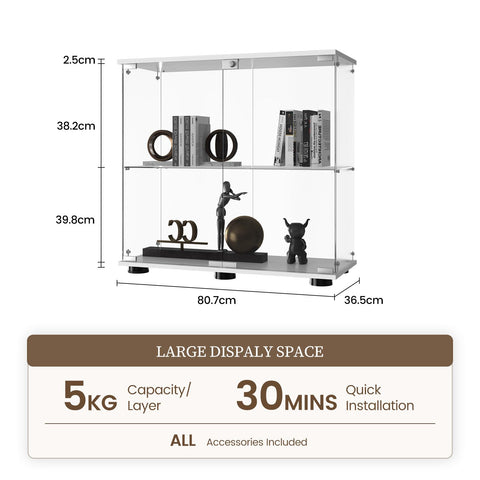 Beauty4U 2-Shelf Double Door Glass Display Cabinet, 83cm Tall, White