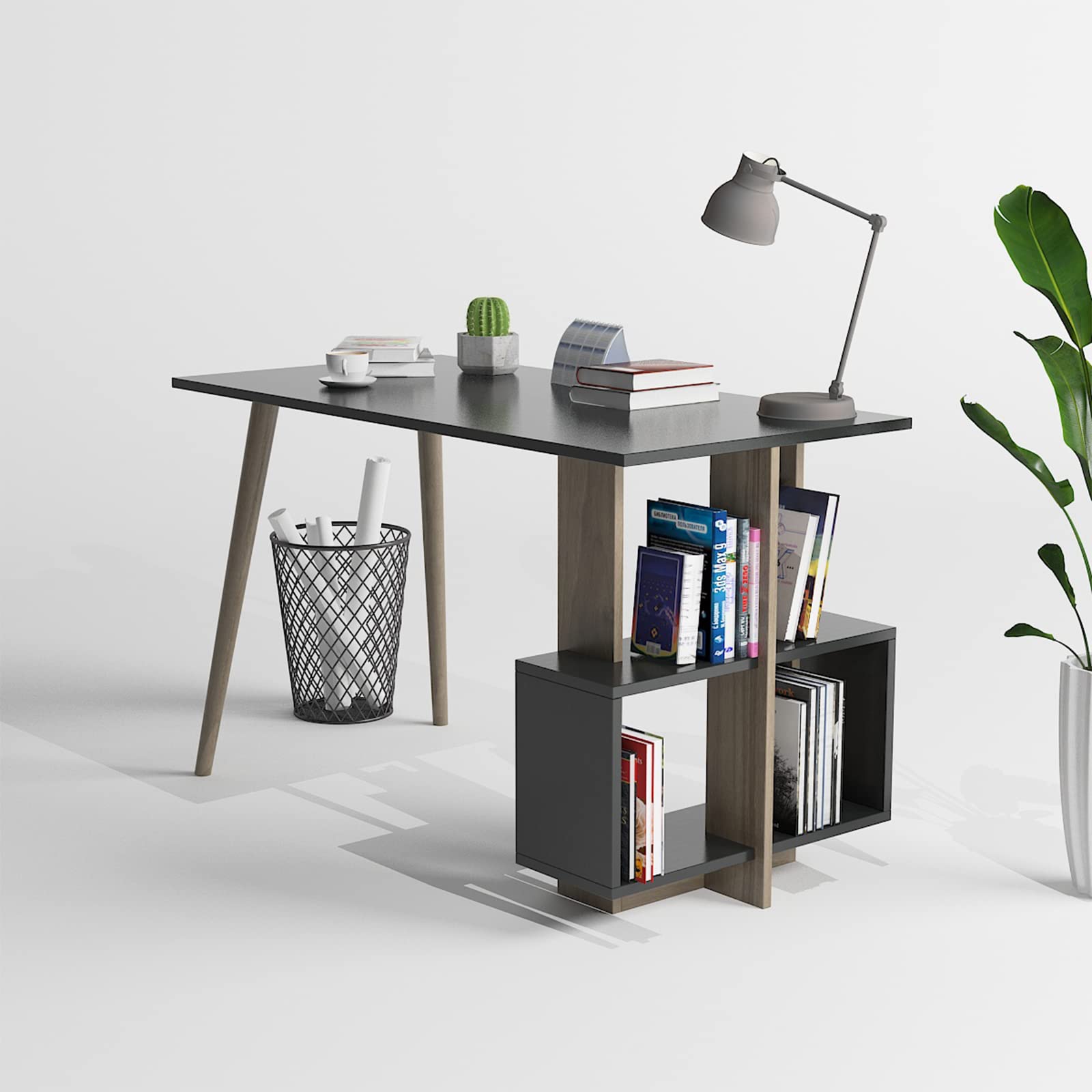 DEMANZE Writing Computer Desk, Home Office Study Desk with Space-Saving Bookshelf, Corner Laptop Pc Table with Storage Shelves