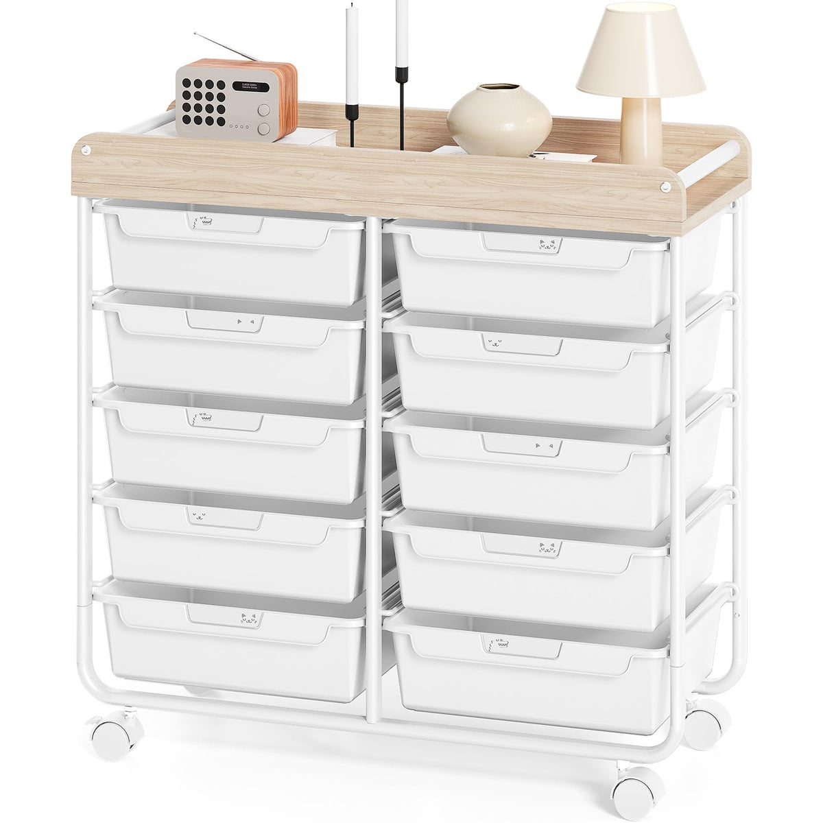10 Drawers Rolling Cart with Wooden Tabletop, Utility Storage Cart with Wheels, Art Supply Craft Organizer on Wheel with Metal Frame & Handles for