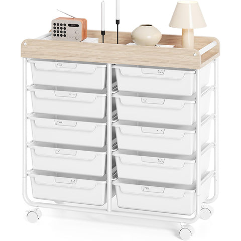 10 Drawers Rolling Cart with Wooden Tabletop, Utility Storage Cart with Wheels, Art Supply Craft Organizer on Wheel with Metal Frame & Handles for